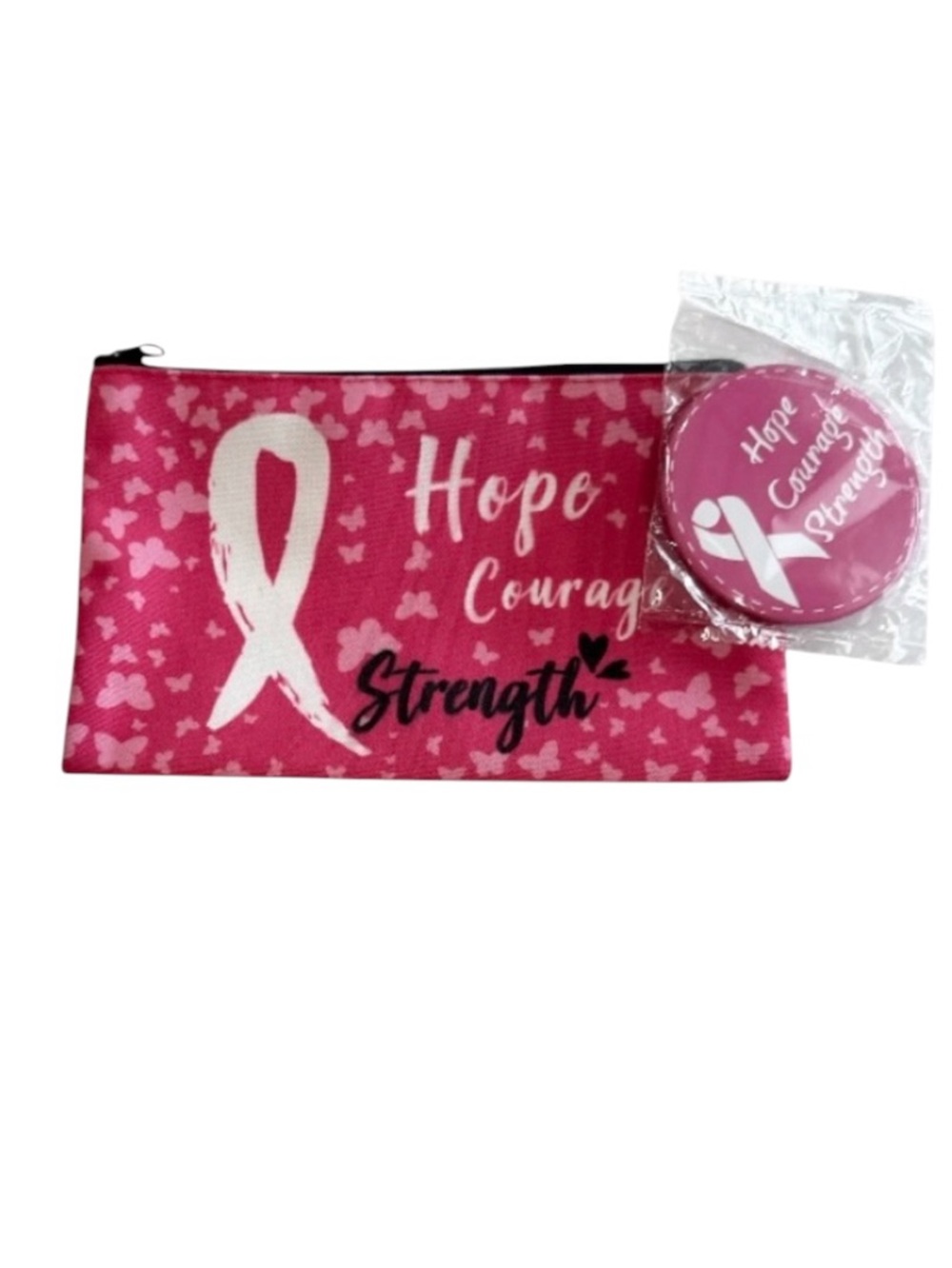 Cosmetic Bag With Matching Mirror Breast Cancer Hope Courage Strength